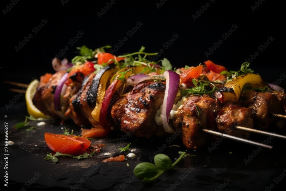 Delicious kebab on a rustic plate against a black slate background Delicious kebab on a rustic plate against a black slate background