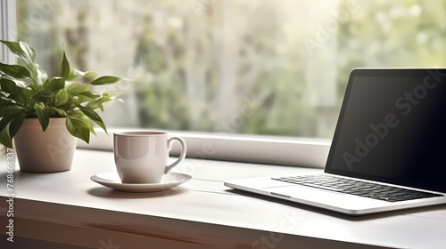 A clean and modern workspace with a desktop computer, notepad, and a cup of tea on a glossy white table under natural light.