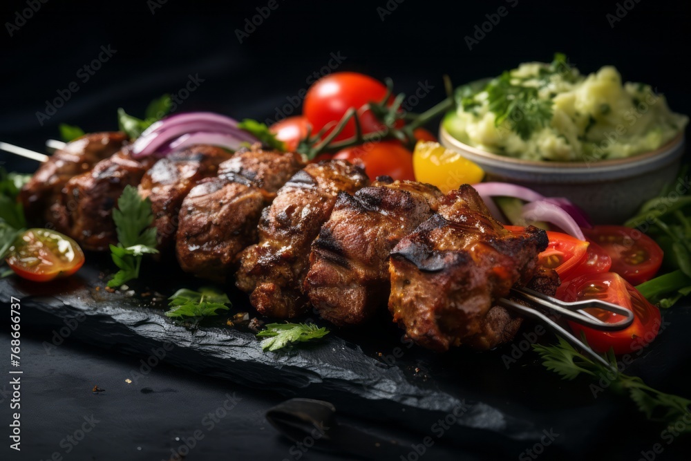 Delicious kebab on a rustic plate against a black slate background