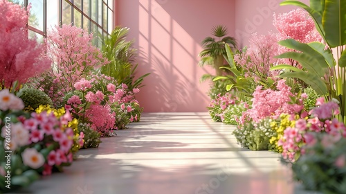 Spring sale, catwalk in flowers and pink colored. AI generate illustration