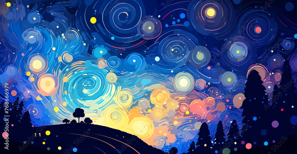 Obraz premium Hand drawn cartoon beautiful abstract artistic spiral night sky illustration 