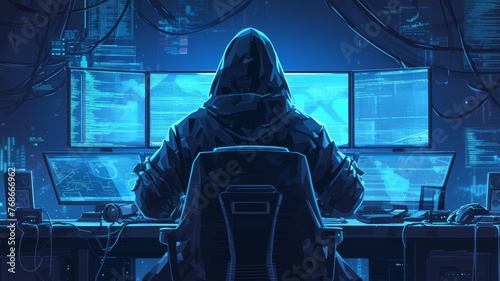 dark hooded hacker in front of computer, code on screen