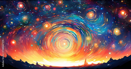 Hand drawn cartoon beautiful abstract artistic spiral night sky illustration 