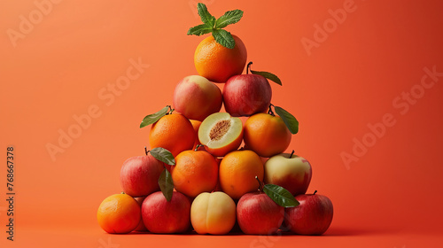 Balancing citrus fruits. Pyramid of citrus fruits  oranges  Mint  apple  apricot  melon  vanilla  pastel orange background