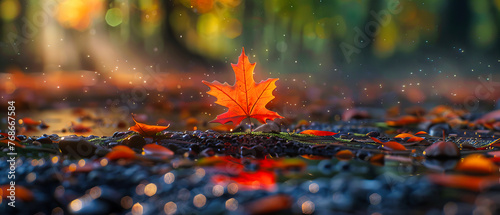Autumn Reflections: Wet Maple Leaves Adorning the Waters Edge, A Vibrant Tapestry of Fall Colors