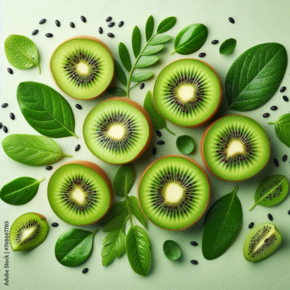 Fototapeta premium A vibrant composition of kiwi slices and leaves on a bright green background. The image captures the fresh essence and texture of the fruit. AI generation