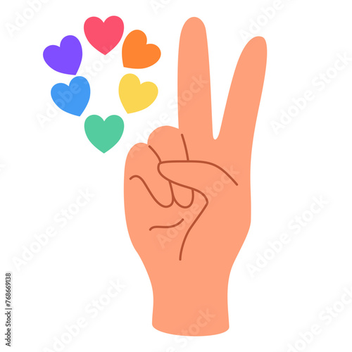 LGBT hand in peace with heart isolated on white background. LGBTQ. Symbol of the LGBT pride community. Rainbow. Vector hand draw illustration