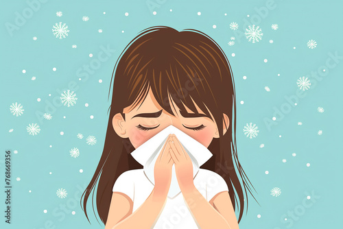 girl sneezing due to pollen allergy. person blowing nose with tissue.