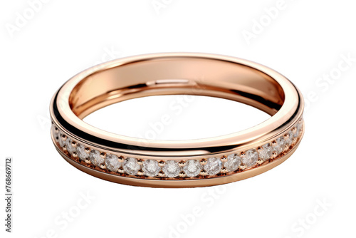 Sparkling Elegance: Rose Gold Wedding Ring Adorned With a Row of Diamonds. On a White or Clear Surface PNG Transparent Background.