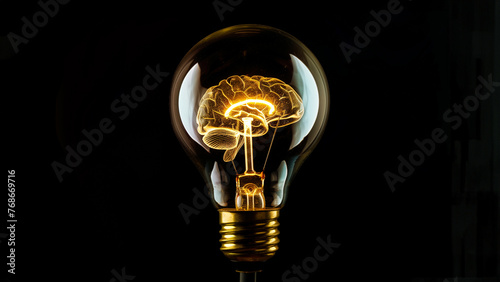 Creative idea concept light bulb with glowing brain filament against black background with copy space