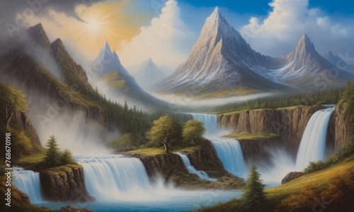 Cascading twin waterfalls plunge into a misty chasm as sunlight filters through the ethereal morning haze. The rugged landscape is a testament to nature's splendor, inviting the viewer into a world of