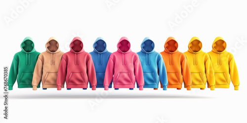 Colourful 3D samples of hoodies in a row on white background. Multi Colored hooded sweatshirts.