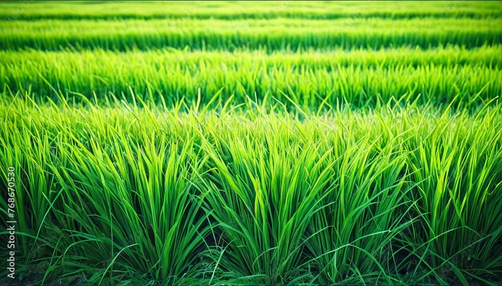Vibrant green rice plants fill the frame, showcasing the lush growth in a paddy field. The golden hour light subtly highlights the vitality of the crops. AI generation Vibrant green rice plants fill the frame, showcasing the lush growth in a paddy field. The golden hour light subtly highlights the vitality of the crops. AI generation