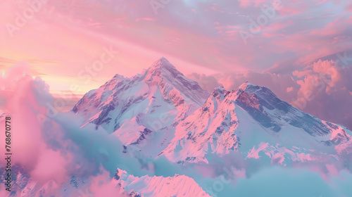 Soft pink skies envelop the snow-covered mountain range, creating a scene of ethereal beauty and tranquility photo