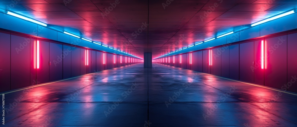 Empty Corridor Illuminated By Neon Light. Illustration On The Theme Of The City And Infrastructure.  Generative AI