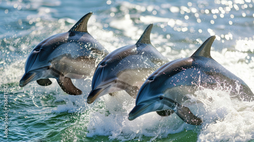 Marine wildlife background - three dolphins jumping over sea waves