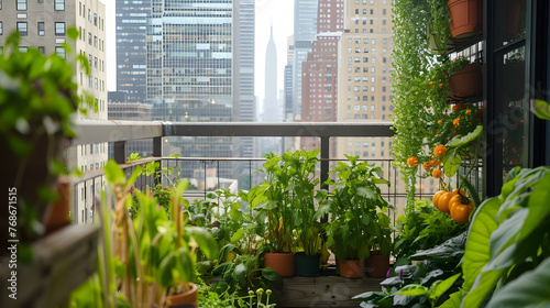 Balcony garden ideas. On a metropolitan apartment balcony herb and vegetable  garden with plants growing up the sides.  © Gita