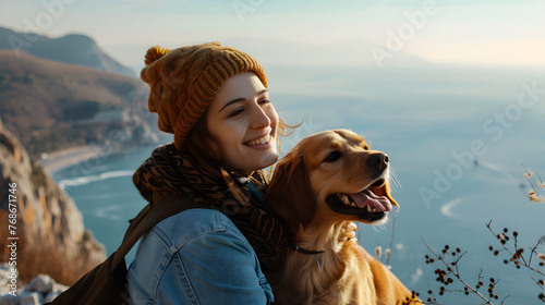  happy woman is traveling with a dog, a view of the mountains and sea, travel lifestyle, outdoor svenery