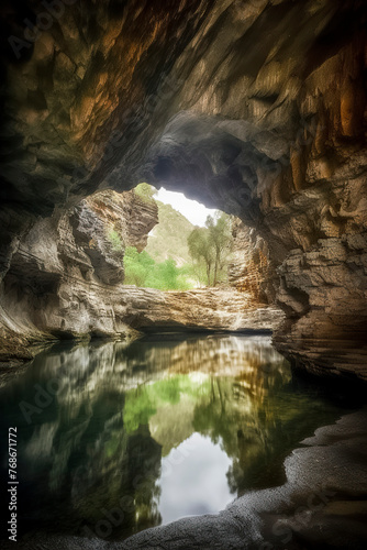 A serene cave with a tranquil pool, surrounded by textured rocks, opening up to a lush, green landscape under a bright sky