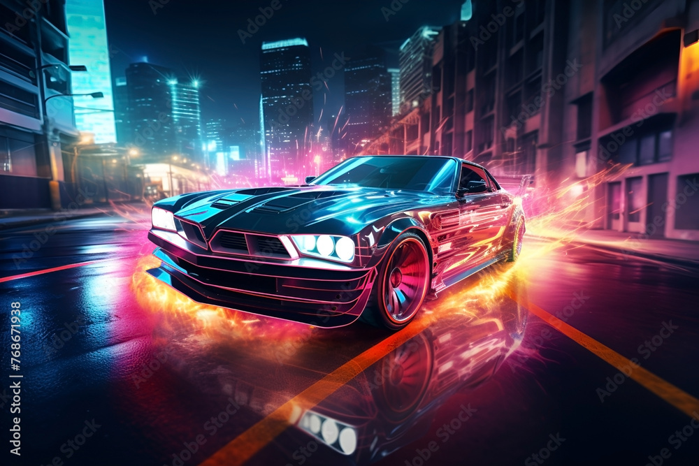 Modern fashion car in night neon city, Sparks fly at high speed. Big city nightlife, racing. Cyberpunk. AI Generative.