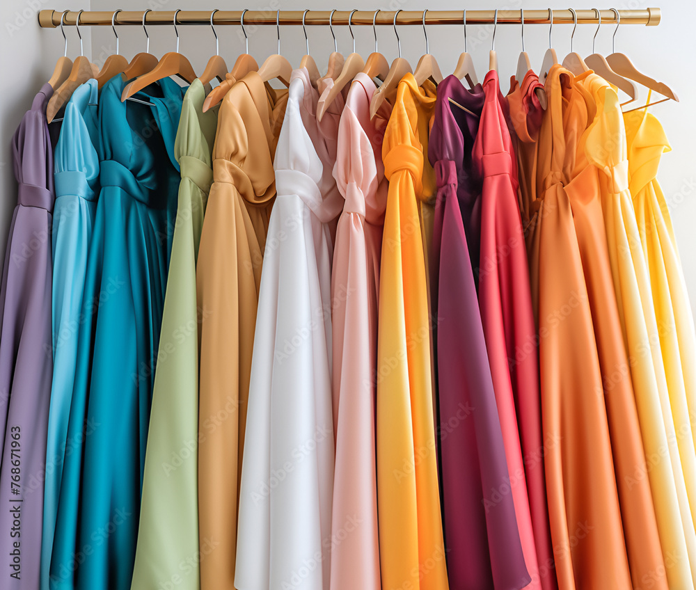 Assortment of fashionable multi-colored bridesmaid dress on hangers in row, copy space. Shopping, sale concept. AI Generative.