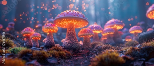 Bright Toxic Mushrooms Growing In A Fairy Forest. Illustration On The Theme Of Fantasy, Space And Fairy Tales. Generative AI