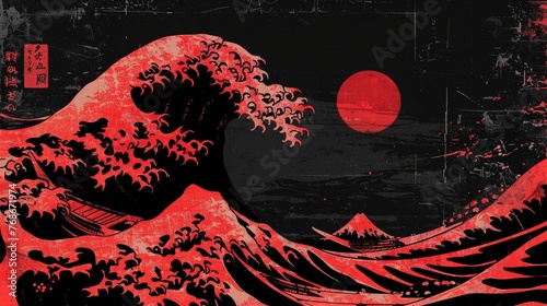 Crane and Japanese wave for T-shirt.Traditional Chinese wave and sunrise.Beautiful line art of nature for printing on shirt.Asian art for doodle and painting on background. Ai generation