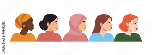 Women of different nationalities and cultures standing together. International Women’s Day. Cartoon characters. Women's friendship, union of feminists. Concept of the female's empowerment movement