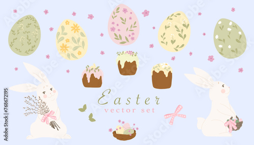 Hand drawn Easter set. Easter eggs, Easter bunny, Easter cakes, nest with eggs, flowers, leaves. Isolated holiday design element. 
