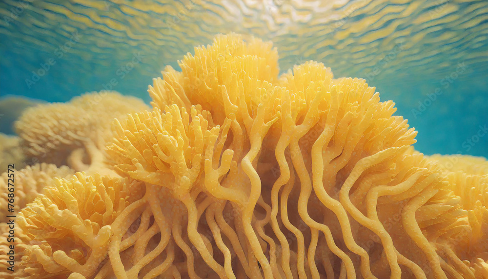 Close-up of minimalistic beautiful natural yellow corals. Coral texture underwater. Marine life.