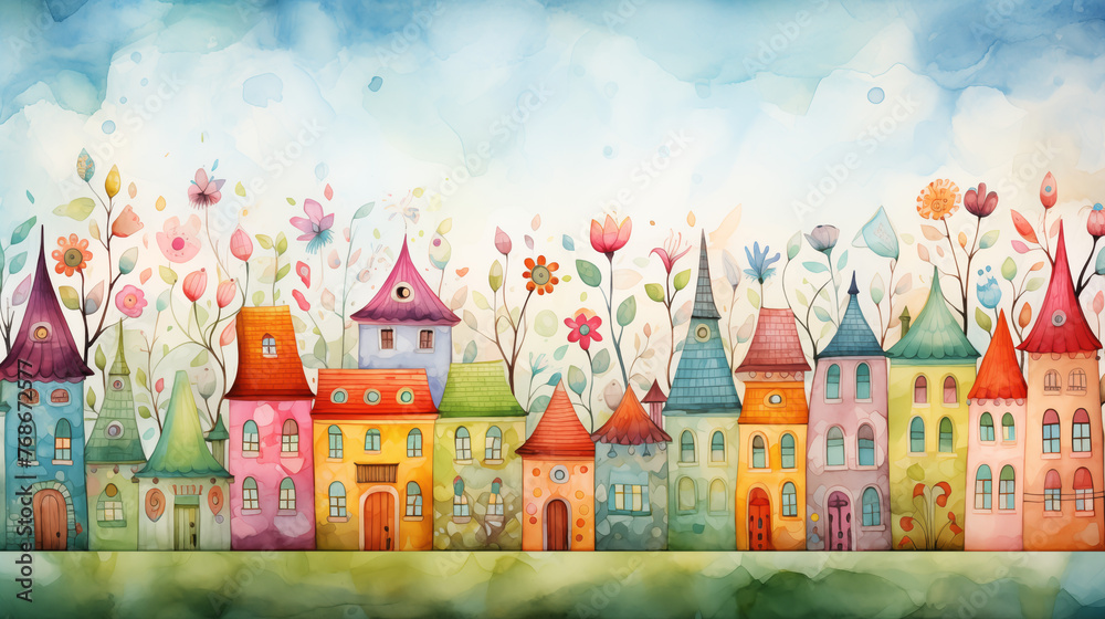 The illustrations are watercolor paintings. Colorful city pictures are used to decorate and add beauty. Medieval castle amidst lush greenery With the vast sky as the background	