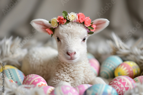 Generative Ai of Baby lamb with flower crown and easter eggs	
