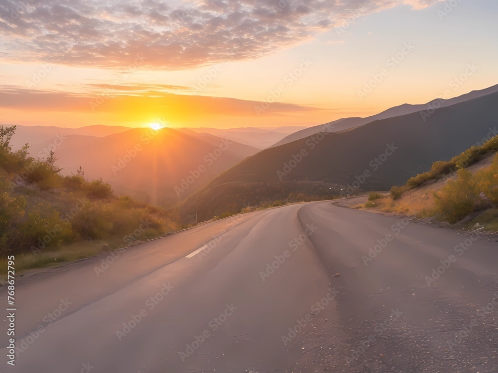 Low-level view of an empty old paved road in a mountain area at sunset
