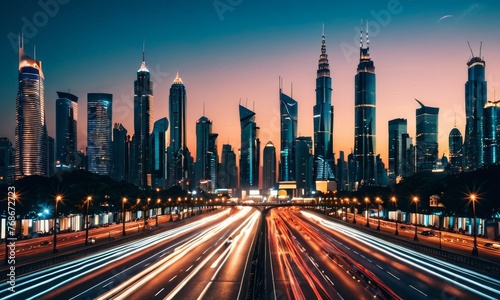 A breathtaking cityscape at twilight, showcasing the contrast of static architecture and dynamic car light trails. The serene sky balances the bustling ground traffic below. AI generation