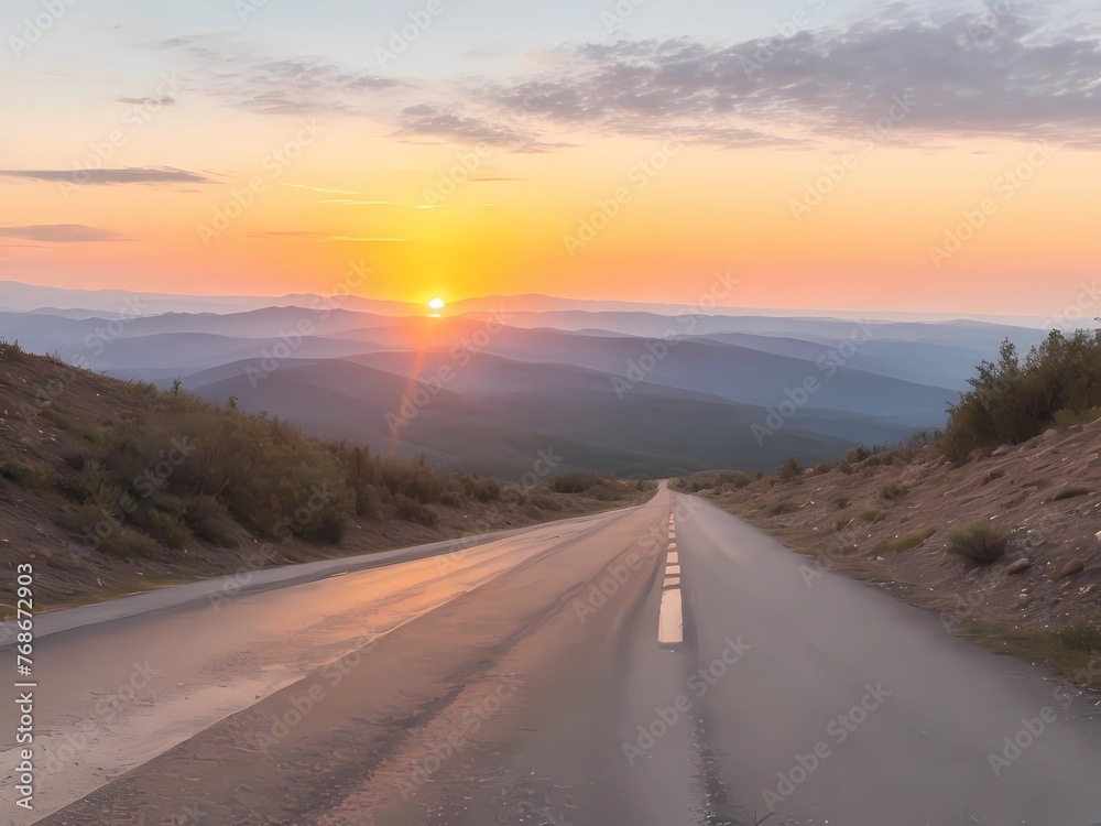 Low-level view of an empty old paved road in a mountain area at sunset
