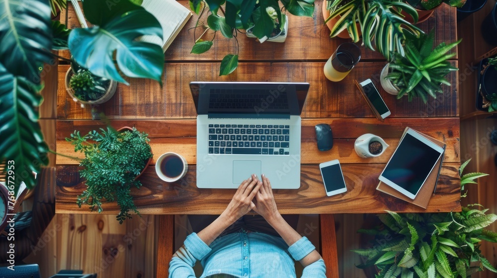 Explore the growing trend of remote work, and the challenges and opportunities it presents for businesses and employees --ar 16:9 Job ID: a8de5518-6781-466d-8abb-0e434aef3249 - obrazy, fototapety, plakaty 