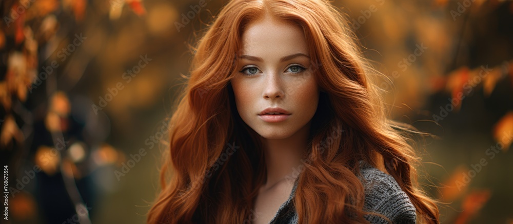 A young, beautiful woman with long red hair is standing in a forest during autumn. The trees are bare, and fallen leaves cover the ground. The woman appears confident and peaceful in her surroundings.