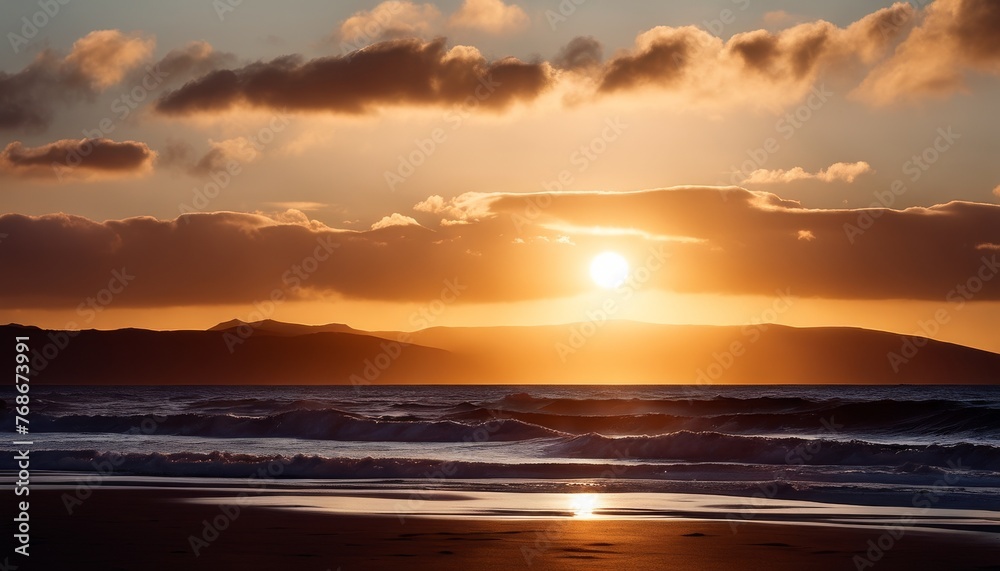 A serene sunset casting golden hues over a beach with waves gently rolling in and mountains in the distance under a cloud-streaked sky.