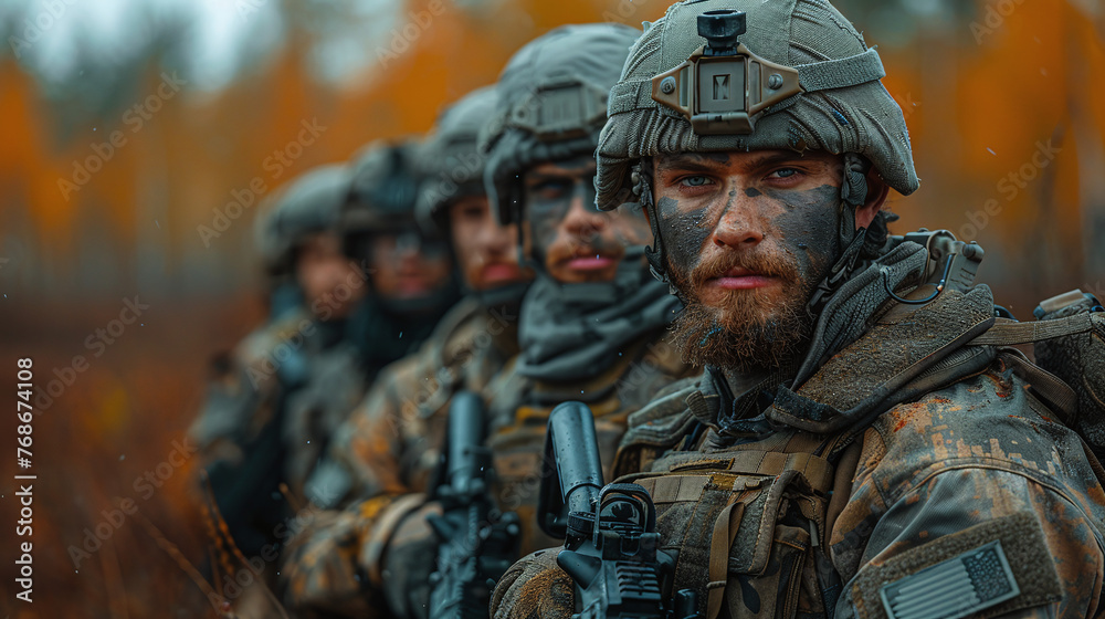 Military men in uniform with machine guns in the field - obrazy, fototapety, plakaty 