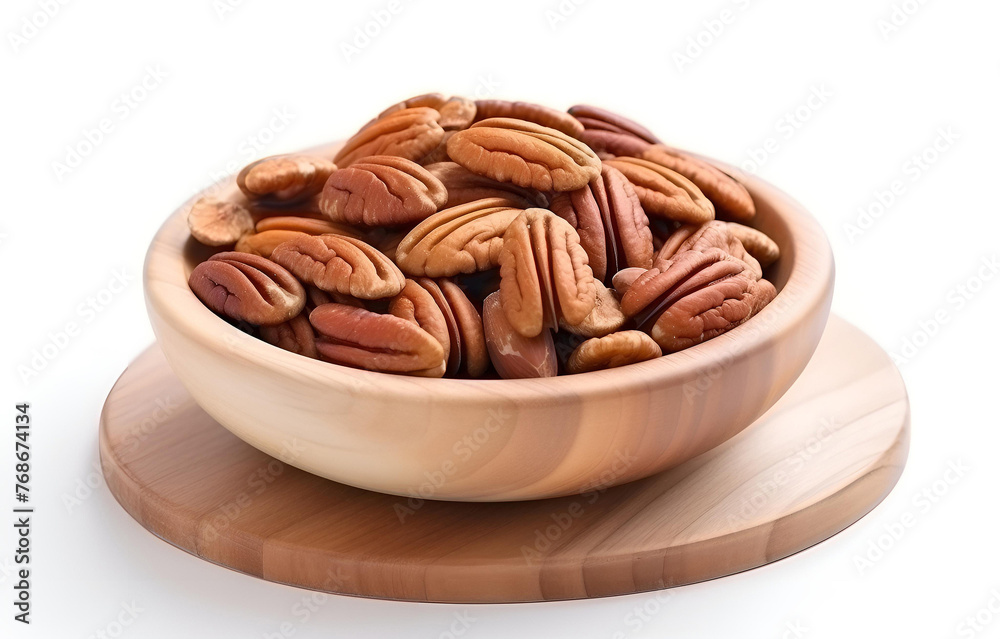 Dish with tasty pecan nuts on wooden plate on white wooden table