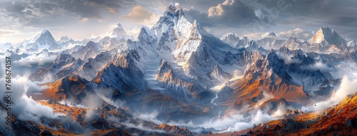 a high altitude, featuring majestic snowcapped mountains against a dramatic sky, with a rocky terrain bathed in warm brown and gold hues, creating a striking landscape scene.