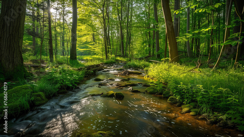 A peaceful stream meanders through a green forest lit by soft sunbeams