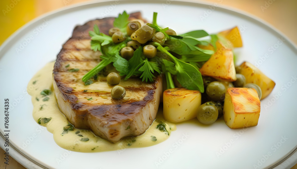 A plate with a roasted celeriac steak topped with capers and a green herb sauce