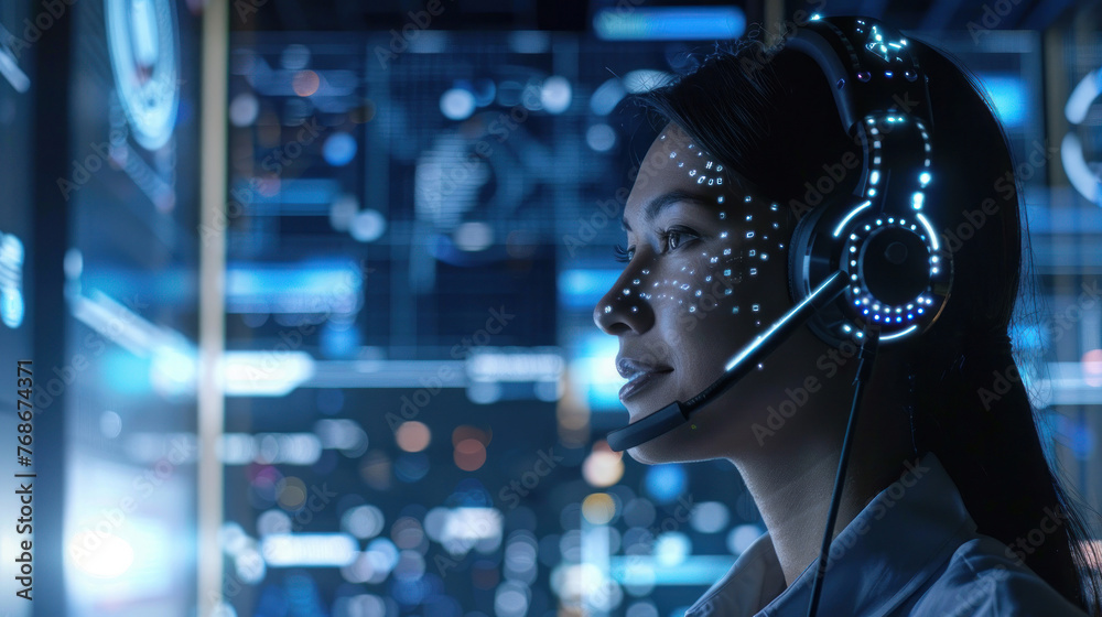 Cyberpunk woman with glowing headphones stands against a backdrop of neon-lit urban landscape, showcasing technology fusion with nightlife Cyberpunk woman with glowing headphones stands against a backdrop of neon-lit urban landscape, showcasing technology fusion with nightlife