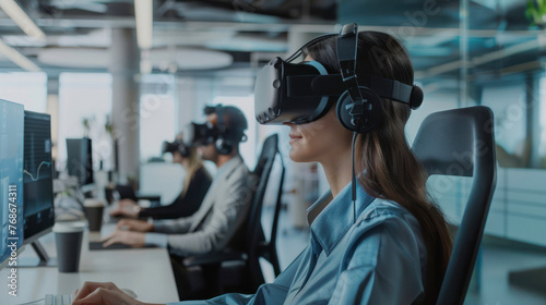 A modern workplace setup with an employee using VR technology for productivity or creative applications