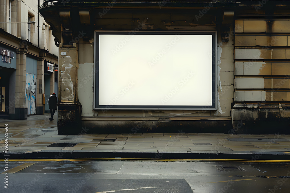a london street pavement advertising board, we see the advertising board front, straight on, the board is blank white a london street pavement advertising board, we see the advertising board front, straight on, the board is blank white