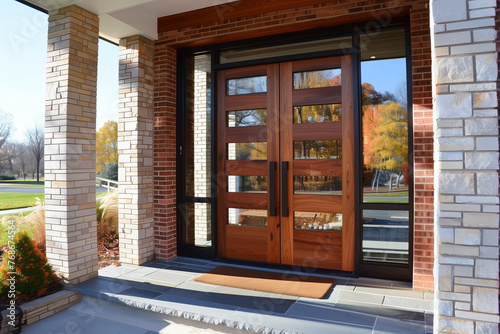 Double Wooden Front Door With Sidelights and Glass Panels