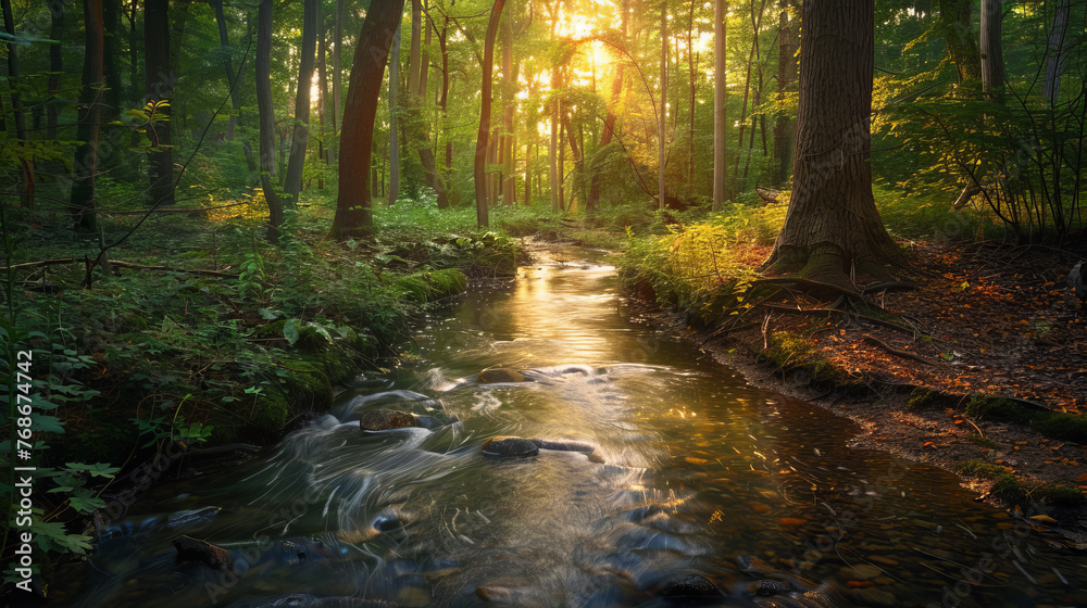 Sunlight filters through the canopy, illuminating a peaceful forest brook winding through trees
