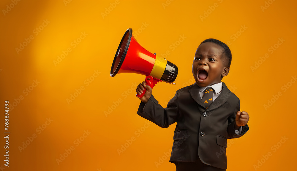 black kid in black suit on yellow background with megaphone concept black friday, shopping season black kid in black suit on yellow background with megaphone concept black friday, shopping season