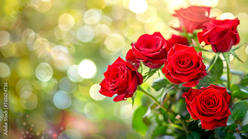 Blooming red roses with magical bokeh background
